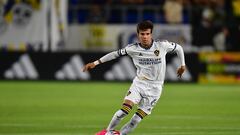 Jul 26, 2023; Carson, CA, USA; Los Angeles Galaxy midfielder Riqui Puig (6) moves the ball against Leon during the second half at Dignity Health Sports Park. Mandatory Credit: Gary A. Vasquez-USA TODAY Sports