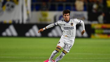 Jul 26, 2023; Carson, CA, USA; Los Angeles Galaxy midfielder Riqui Puig (6) moves the ball against Leon during the second half at Dignity Health Sports Park. Mandatory Credit: Gary A. Vasquez-USA TODAY Sports