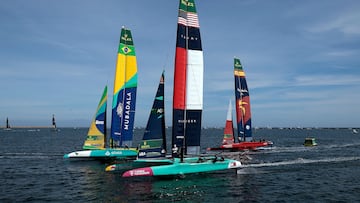 LOS ANGELES, CALIFORNIA - MARCH 16: Taylor Canfield, driver of United States SailGP team competes during race day two of the Rolex Los Angeles SailGP racing on March 16, 2025 in Los Angeles, California. Ronald Martinez/Getty Images/AFP (Photo by RONALD MARTINEZ / GETTY IMAGES NORTH AMERICA / Getty Images via AFP)