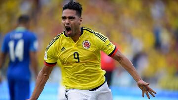 (FILES) In this file photo taken on September 05, 2017 Colombia's Radamel Falcao celebrates after scoring against Brazil during their 2018 World Cup football qualifier match, in Barranquilla, Colombia. / AFP PHOTO / Raul ARBOLEDA