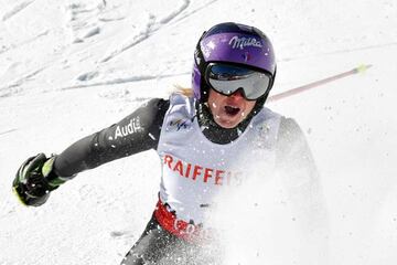 France's Tessa Worley reacts in the finish area after the second run of the women's giant slalom race at the 2017 FIS Alpine World Ski Championships