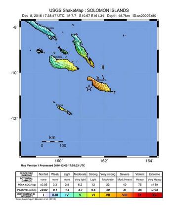 USGS02 (ISLAS SALOMON) 08/12/2016.- Mapa facilitado por el Centro Geológico de Estados Unidos (USGS) hoy, 8 de diciembre de 2016 de un terremoto de magnitud 7,7 cerca de las Islas Salomon.
