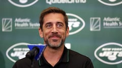 FLORHAM PARK, NEW JERSEY - APRIL 26: New York Jets quarterback Aaron Rodgers attends an introductory press conference at Atlantic Health Jets Training Center on April 26, 2023 in Florham Park, New Jersey.   Elsa/Getty Images/AFP (Photo by ELSA / GETTY IMAGES NORTH AMERICA / Getty Images via AFP)