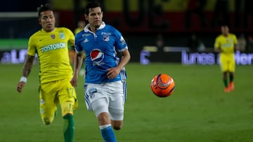 Bogotá. Junio 07 de 2017. En el estadio Nemesio Camacho El Campin, Millonarios empató 0-0 con Atlético Nacional en el marco de la fase semifinal de la Liga Águila. En la foto: Dayro MOreno (Izquierda) y Pedro Franco (Derecha)(Colprensa - Diego Pineda)