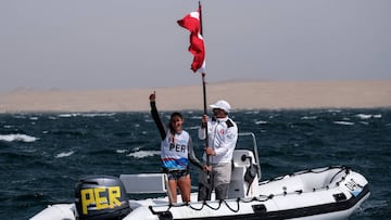 Friday August 09, 2019 - Maria Bazo from Peru celebrates at the end of the medal race in Women&#039;s Windsurfing of Sailing at the Bahia de Paracas at the Pan American Games Lima 2019.
 Copyright  Guillermo Arias / Lima 2019 
 
 Mandatory credits: Lima 2019
 ** NO SALES ** NO ARCHIVES **