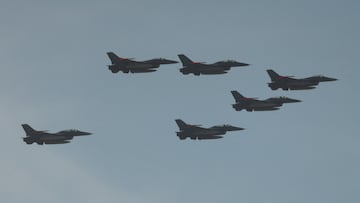 Argentine F-16 jets fly over downtown Buenos Aires during their reception ceremony, after being purchased from Denmark, in Buenos Aires, Argentina, December 6, 2025. Reuters/Cristina Sille