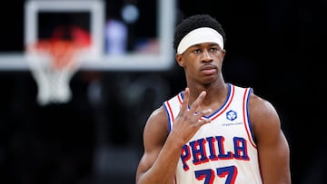 BOSTON, MA - APRIL 21: Vj Edgecombe #77 of the Philadelphia 76ers reacts after making a three-point basket in the fourth quarter of the game against the Boston Celtics at TD Garden on April 21, 2026 in Boston, Massachusetts. NOTE TO USER: User expressly acknowledges and agrees that, by downloading and or using this photograph, User is consenting to the terms and conditions of the Getty Images License Agreement. Adam Glanzman/Getty Images/AFP (Photo by Adam Glanzman / GETTY IMAGES NORTH AMERICA / Getty Images via AFP)