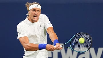 Jul 29, 2025; Toronto, ON, Canada; Alexander Zverev (GER) hits a ball to Adam Walton (not pictured) during the second round at Sobeys Stadium. Mandatory Credit: John E. Sokolowski-Imagn Images