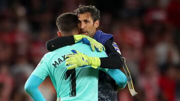 GRANADA, SPAIN - MAY 22: Diego Lopez of Espanyol consoles Luis Maximiano of Granada CF after Granada CF were relegated from La Liga in the LaLiga Santander match between Granada CF and RCD Espanyol at Nuevo Estadio de Los Carmenes on May 22, 2022 in Grana