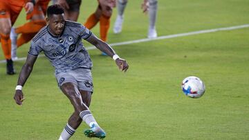 Aug 13, 2022; Houston, Texas, USA; CF Montreal forward Romell Quioto (30) takes a penalty kick but it is saved by Houston Dynamo FC goalkeeper Steve Clark (12) (not pictured) during stoppage time in the first half at PNC Stadium. Mandatory Credit: Thomas Shea-USA TODAY Sports