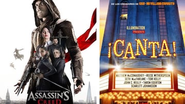 Carteles de 'Assassins's Creed' y '¡Canta!', dos de las películas que llegan a nuestras carteleras este viernes previo a que den comienzo las fiestas de Navidad.