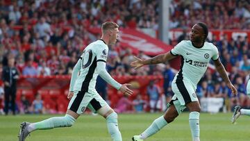 Soccer Football - Premier League - Nottingham Forest v Chelsea - The City Ground, Nottingham, Britain - May 11, 2024 Chelsea's Raheem Sterling celebrates scoring their second goal with Cole Palmer Action Images via Reuters/Craig Brough EDITORIAL USE ONLY. NO USE WITH UNAUTHORIZED AUDIO, VIDEO, DATA, FIXTURE LISTS, CLUB/LEAGUE LOGOS OR 'LIVE' SERVICES. ONLINE IN-MATCH USE LIMITED TO 120 IMAGES, NO VIDEO EMULATION. NO USE IN BETTING, GAMES OR SINGLE CLUB/LEAGUE/PLAYER PUBLICATIONS. PLEASE CONTACT YOUR ACCOUNT REPRESENTATIVE FOR FURTHER DETAILS..