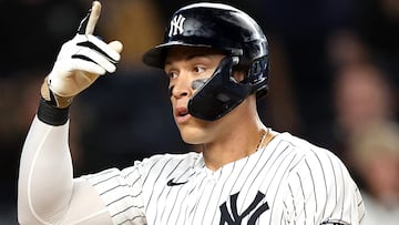 NEW YORK, NEW YORK - SEPTEMBER 25: Aaron Judge #99 of the New York Yankees reacts after a three-run home run against the Baltimore Orioles during the ninth inning at Yankee Stadium on September 25, 2024 in the Bronx borough of New York City. Luke Hales/Getty Images/AFP (Photo by Luke Hales / GETTY IMAGES NORTH AMERICA / Getty Images via AFP)