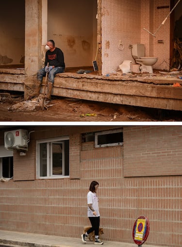 Imagen superior: Un residente descansa sentado en el muro de una casa derrumbada mientras la zona se recupera de las inundaciones en el municipio de Massanassa. Imagen inferior: Situación de la casa en la actualidad. 
