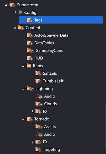Captura del sistema de archivos de Fortnite; todos los objetos que hacen referencia a &quot;Superstorm&quot; ser&iacute;an las granadas de huracanes y tornados