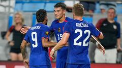 Jul 2, 2023; Charlotte, North Carolina, USA; United States forward Jesus Ferreira (9) and forward Julian Gressel (22) congratulate forward Brandon Vazquez (19) on his goal late during the second half against the Trinidad and Tobago at Bank of America Stadium. Mandatory Credit: Jim Dedmon-USA TODAY Sports