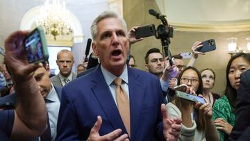 Speaker of the House Kevin McCarthy talks to reporters about the debt ceiling after the departure of White House negotiators, at the U.S. Capitol in Washington, U.S., May 23, 2023. REUTERS/Kevin Lamarque