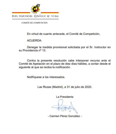 Competici¨®n deniega la cautelar propuesta por el juez instructor