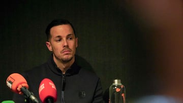French basketball player Thomas Heurtel reacts as he addresses the media during a press conference in Barcelona, on January 3, 2025. (Photo by Manaure Quintero / AFP)