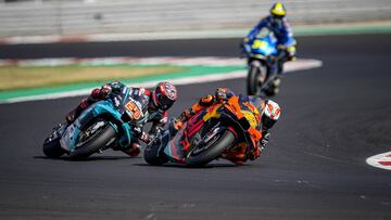 44 Espargaro Pol (esp), KTM RC16, Red Bull KTM Factory Racing, 20 Quartararo Fabio (fra), Yamaha YZR-M1, Petronas Yamaha SRT, action during the 2020 MotoGP Gran Premio TISSOT dell&#039;Emilia Romagna e della Riviera di Rimini, San Marino Grand Prix from S