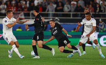 Real Madrid's Toni Kroos and Casemiro in action with Rafael Santos Borré during the UEFA Super Cup.