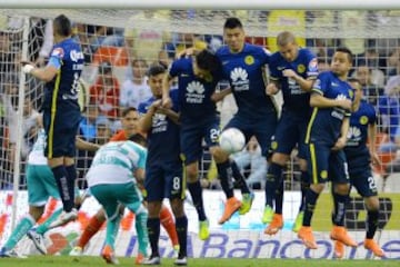 La barrera salta para evitar que ese balón pase a gol 