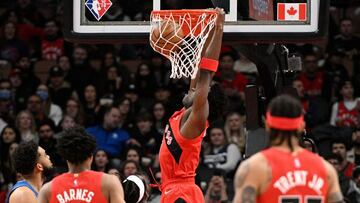 Mar 30, 2022; Toronto, Ontario, CAN; Toronto Raptors forward OG Anunoby (3) dunks the ball against the Minnesota Timberwolves in the first half at Scotiabank Arena. Mandatory Credit: Dan Hamilton-USA TODAY Sports