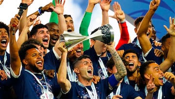 Jun 18, 2023; Las Vegas, Nevada, USA; The USA celebrate after defeating Canada at Allegiant Stadium. Mandatory Credit: Lucas Peltier-USA TODAY Sports