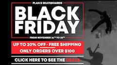 Creatividad de oferta para Black Friday 2021 elaborada por Plan B Skateboards: 20% de descuento, pedidos de m&aacute;s de 100 d&oacute;lares, del 26 al 30 de noviembre. 