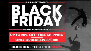 Creatividad de oferta para Black Friday 2021 elaborada por Plan B Skateboards: 20% de descuento, pedidos de m&aacute;s de 100 d&oacute;lares, del 26 al 30 de noviembre. 