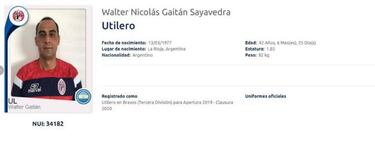 Walter Gaitán, registrado como utilero en tercera división de México