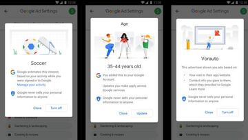 En Google Ad Settings del m&oacute;vil tambi&eacute;n podemos quitar esta personalizaci&oacute;n, a la par que ver lo que Google sabe de nosotros