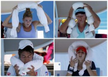 Camila Giorgi, Maria Sharapova, Kei Nishikori de Japón, y la francesa Alize Cornet colocan sus toallas lleno de hielo alrededor de su cuello durante una pausa en los partidos de sus particulares individuales en el torneo de tenis Abierto de Australia 2014 en Melbourne