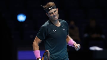 LONDON, ENGLAND - NOVEMBER 15: Rafael Nadal of Spain celebrates match point during his round robin match against Andrey Rublev of Russia during their first round robin match on Day one of the Nitto ATP World Tour Finals at The O2 Arena on November 15, 2020 in London, England. (Photo by Clive Brunskill/Getty Images)