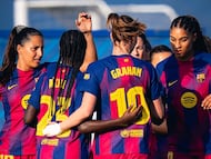 El Barça Femenino celebrando el segundo gol ante el Espanyol.