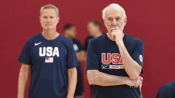 LAS VEGAS, NEVADA - AUGUST 05: Assistant coach Steve Kerr (L) and head coach Gregg Popovich of the 2019 USA Men's National Team look on during a practice session at the 2019 USA Basketball Men's National Team World Cup minicamp at the Mendenhall