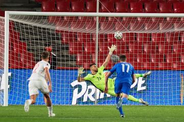Anastasios Bakasetas scores during the FIFA World Cup Qatar 2022 qualification football match between Spain and Greece.