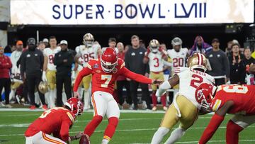 Kansas City Chiefs' kicker #07 Harrison Butker kicks the ball during Super Bowl LVIII between the Kansas City Chiefs and the San Francisco 49ers at Allegiant Stadium in Las Vegas, Nevada, February 11, 2024. (Photo by TIMOTHY A. CLARY / AFP)