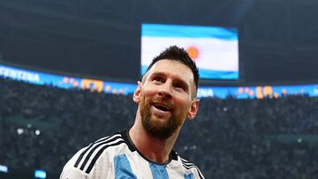 Soccer Football - FIFA World Cup Qatar 2022 - Semi Final - Argentina v Croatia - Lusail Stadium, Lusail, Qatar - December 13, 2022 Argentina's Lionel Messi celebrates their third goal scored by Julian Alvarez REUTERS/Molly Darlington