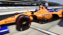 May 14, 2019; Speedway, IN, USA; IndyCar Series driver Fernando Alonso leaves the pits  during practice for the 103rd Running of the Indianapolis 500 at Indianapolis Motor Speedway. Mandatory Credit: Thomas J. Russo-USA TODAY Sports