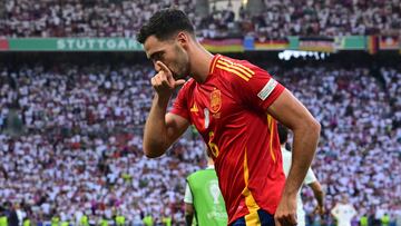 Spain's midfielder #06 Mikel Merino celebrates scoring his team's second goal during the UEFA Euro 2024 quarter-final football match between Spain and Germany at the Stuttgart Arena in Stuttgart on July 5, 2024. (Photo by Tobias SCHWARZ / AFP)