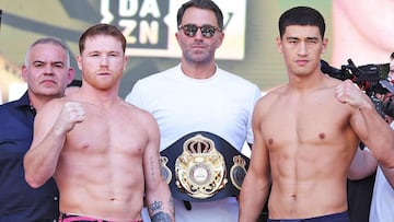 Canelo Álvarez y Dmitry Bivol antes de su combate por el AMB del semipesado.