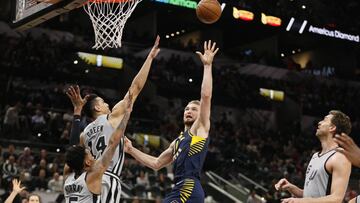 Jan 21, 2018; San Antonio, TX, USA; Indiana Pacers center Domantas Sabonis (11) is fouled while shooting by San Antonio Spurs point guard Dejounte Murray (5) during the second half at AT&amp;T Center. Mandatory Credit: Soobum Im-USA TODAY Sports