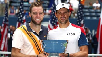 NEW YORK, NY - SEPTEMBER 07: Jack Sock and Mike Bryan of The United States celebrate victory with the winners trophy following the men&#039;s doubles final against Lukasz Kubot of Poland and Marcelo Melo of Brazil on Day Twelve of the 2018 US Open at the 