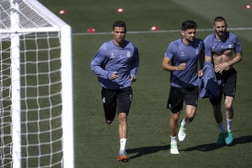 Cristiano Ronaldo, Enzo Zidane and Karim Benzema in Monday's session ahead of tomorrow's game against Bayern Munich