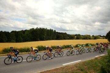 Parte del pelotón durante la octava etapa del Tour con salida en Rennes y llegada en el Muro de Bretaña; separados por 181,5 km. 