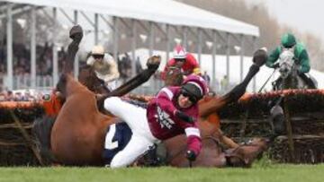 CA&Iacute;DAS EN LA V&Iacute;SPERA. Richard Johnson y su caballo &lsquo;Alpha des Obeaux&rsquo; caen tras un obst&aacute;culo en una carrera del viernes. Las ca&iacute;das son una se&ntilde;al de identidad de Aintree.
 