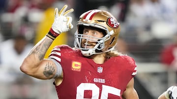 SANTA CLARA, CALIFORNIA - OCTOBER 08: George Kittle #85 of the San Francisco 49ers celebrates after a touchdown catch during the third quarter against the Dallas Cowboys at Levi's Stadium on October 08, 2023 in Santa Clara, California. Thearon W. Henderson/Getty Images/AFP (Photo by Thearon W. Henderson / GETTY IMAGES NORTH AMERICA / Getty Images via AFP)
