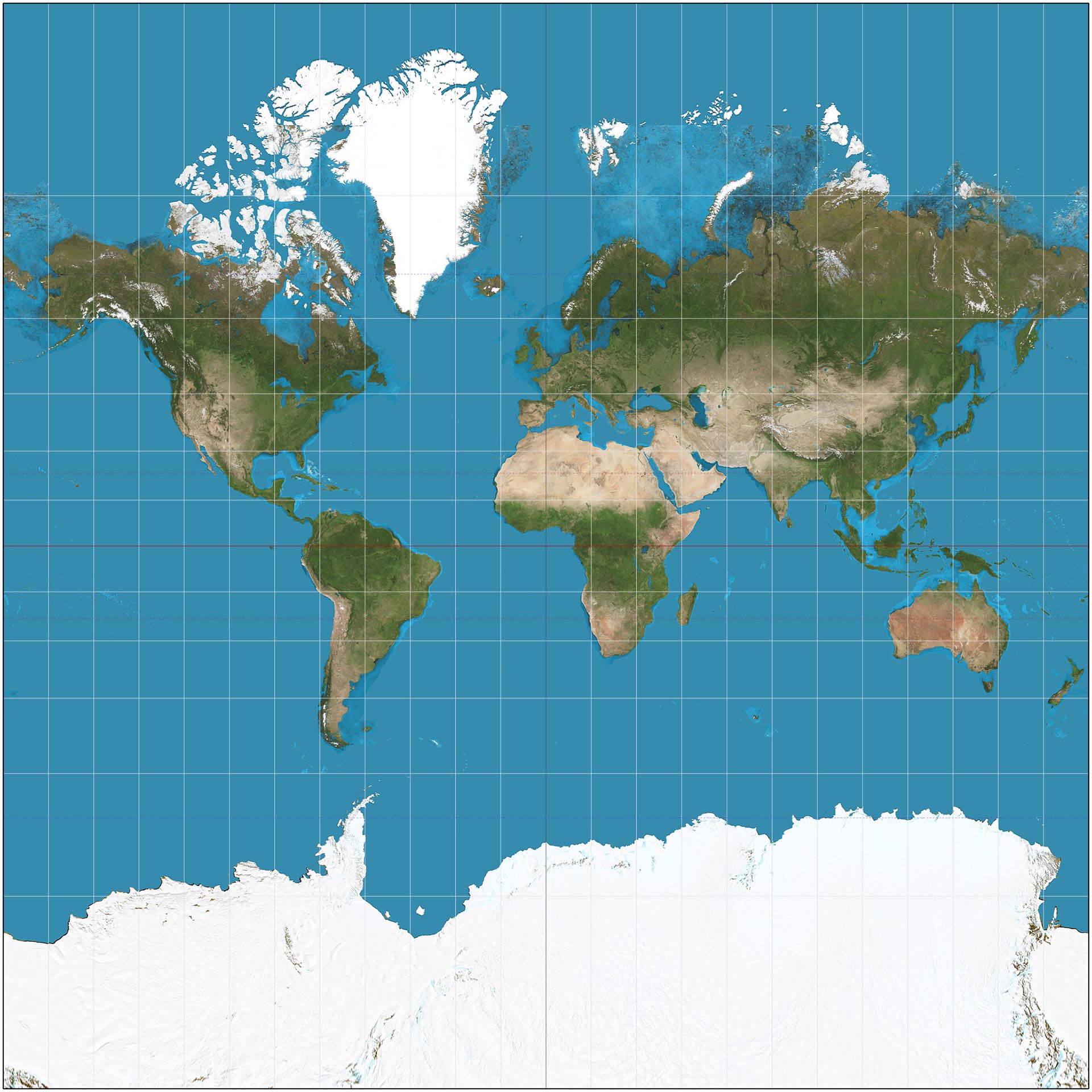 Mapa de Mercator moderno en el que se puede apreciar el tamaño exagerado de Groenlandia y reducido de África. También queda exageradísima la superficie de Rusia, que es entre un 50 y un 60% más pequeña.