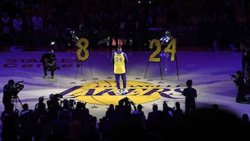 LOS ANGELES, CALIFORNIA - JANUARY 31: LeBron James #23 of the Los Angeles Lakers speaks during the pregame ceremony to honor Kobe Bryant before the game against the Portland Trail Blazers at Staples Center on January 31, 2020 in Los Angeles, California.   Kevork Djansezian/Getty Images/AFP
 == FOR NEWSPAPERS, INTERNET, TELCOS &amp; TELEVISION USE ONLY ==